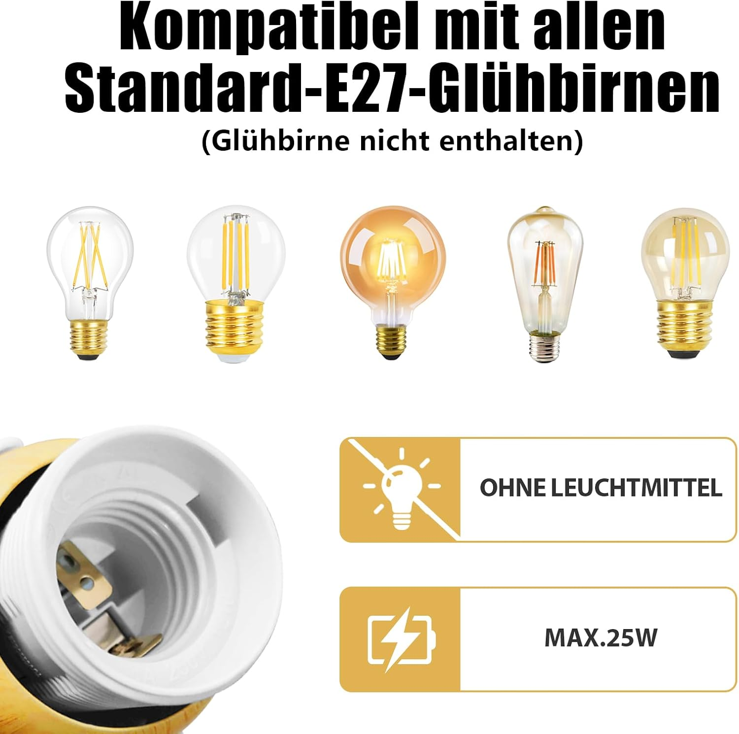 Pięć żarówek i gniazdo. "Bez żarówki", "Maks. 25W".