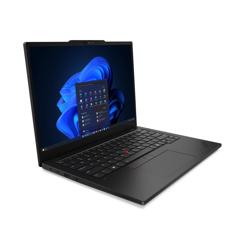 Czarny laptop Lenovo ThinkPad jest otwarty, pokazując ciemnoniebieską tapetę i aplikacje.