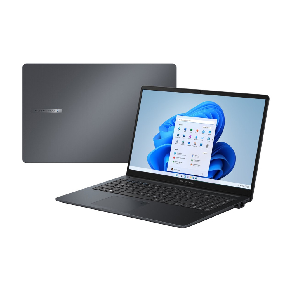 Ciemny laptop Asus ExpertBook, otwarty z systemem Windows 11 i zamknięty w tle.