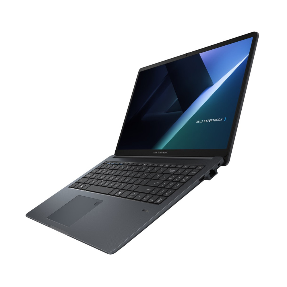 Ciemny laptop Asus ExpertBook z podświetlanym ekranem, na białym tle.