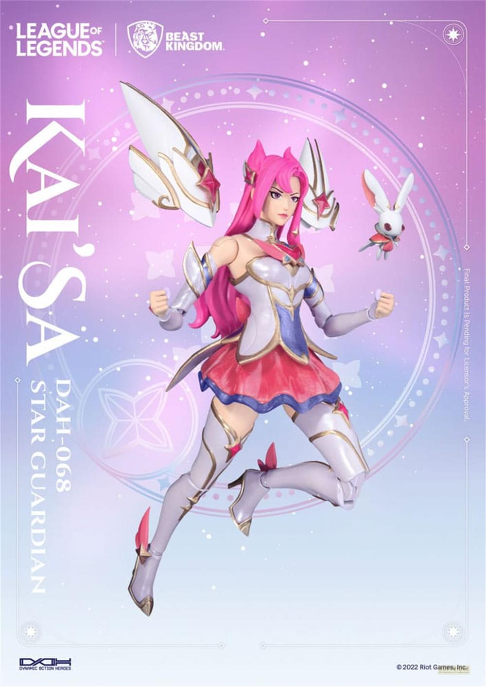 Action figure di Kai'Sa Guardiana Stellare con capelli rosa e outfit bianco/rosso.
