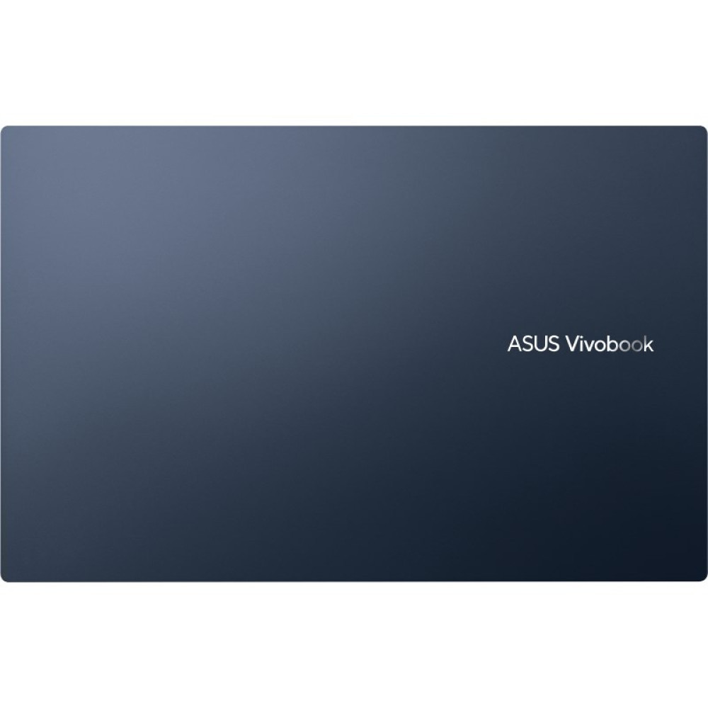 Ciemnoniebieska powierzchnia laptopa z białym napisem ASUS Vivobook.