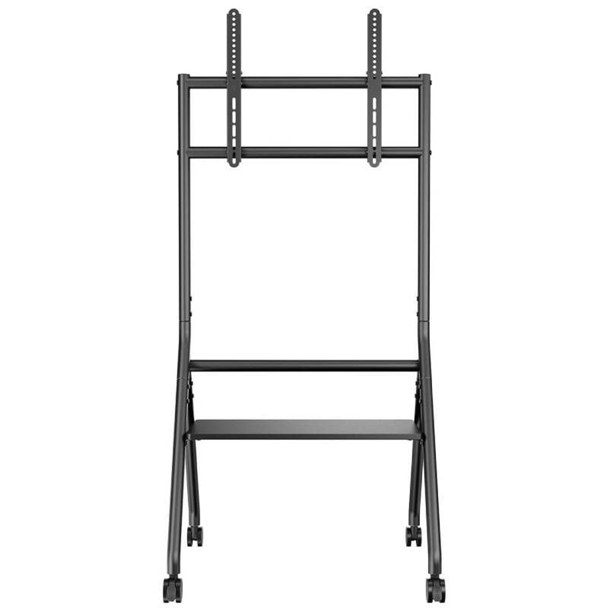 Un soporte de TV negro móvil con ruedas y estante.