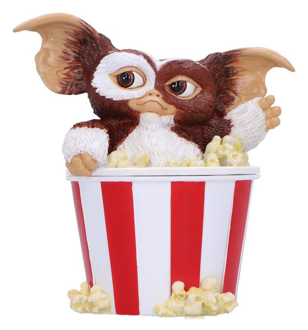 Eine Gizmo-Figur steckt in einem rot-weißen Popcorn-Eimer.