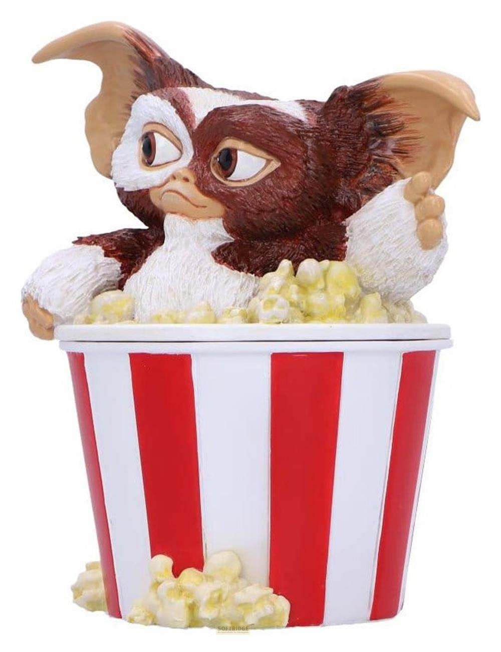 Gremlin-Figur in Popcorn-Eimer aus Kunstharz, rot-weiße Streifen.