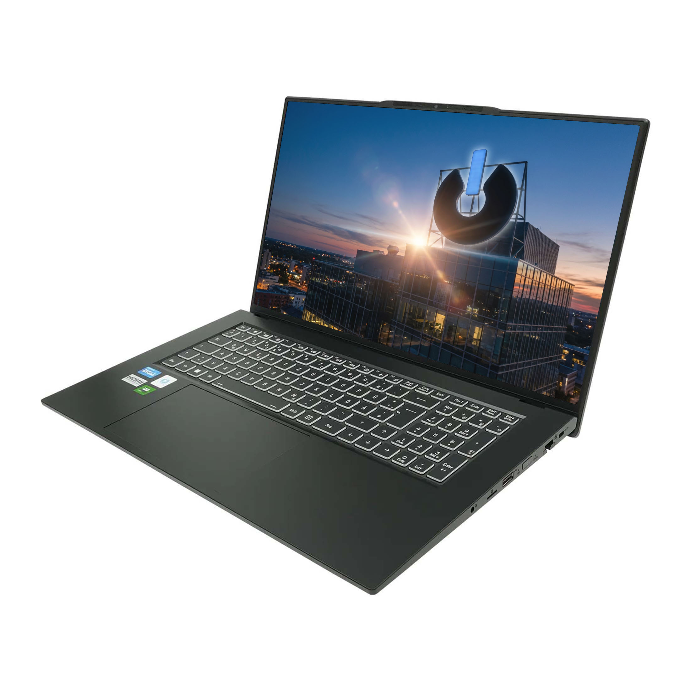 Ein offener Laptop zeigt ein Stadtbild bei Sonnenuntergang mit einem Logo auf einem Gebäude.
