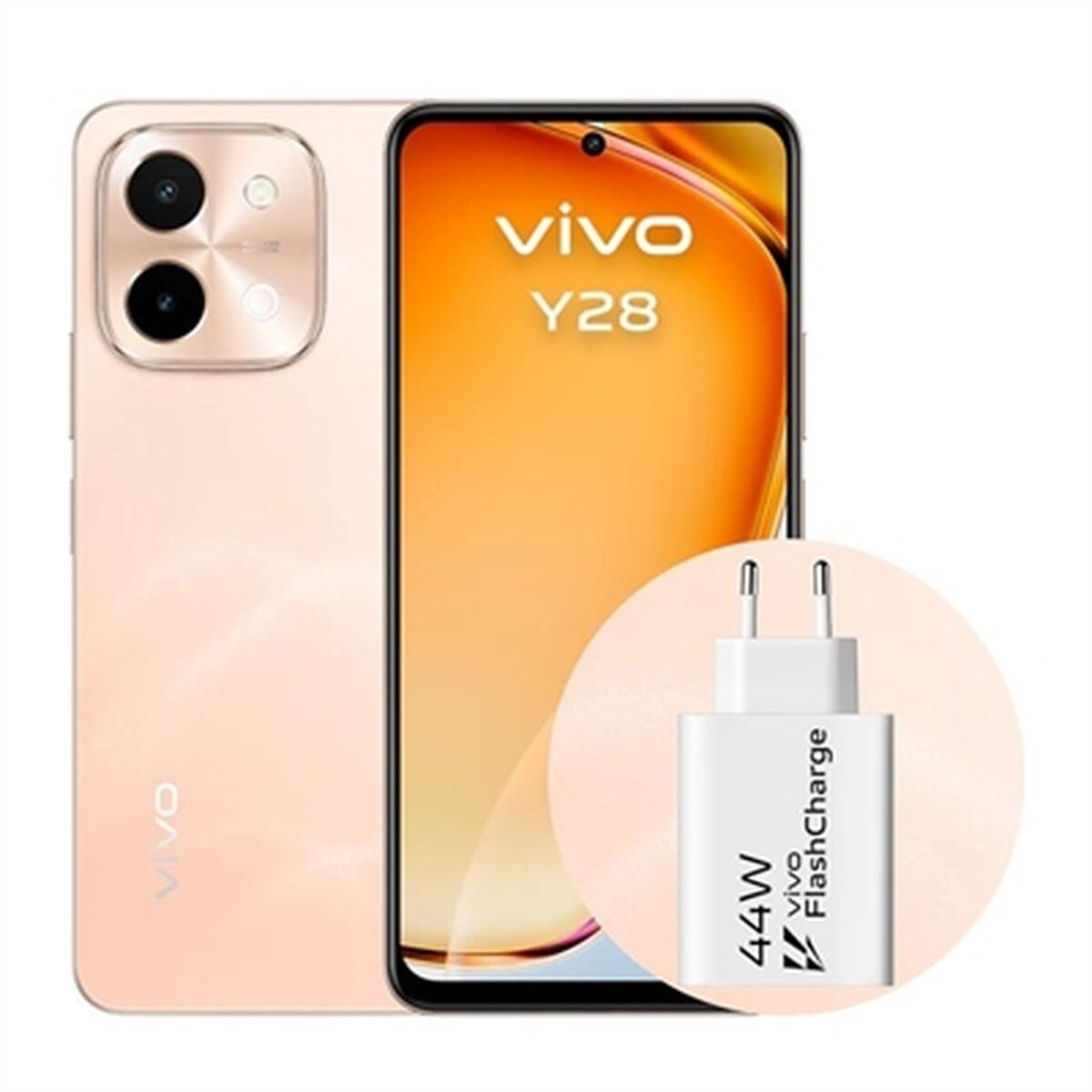 Uno smartphone Vivo Y28 rosa con caricabatterie. Primo piano.