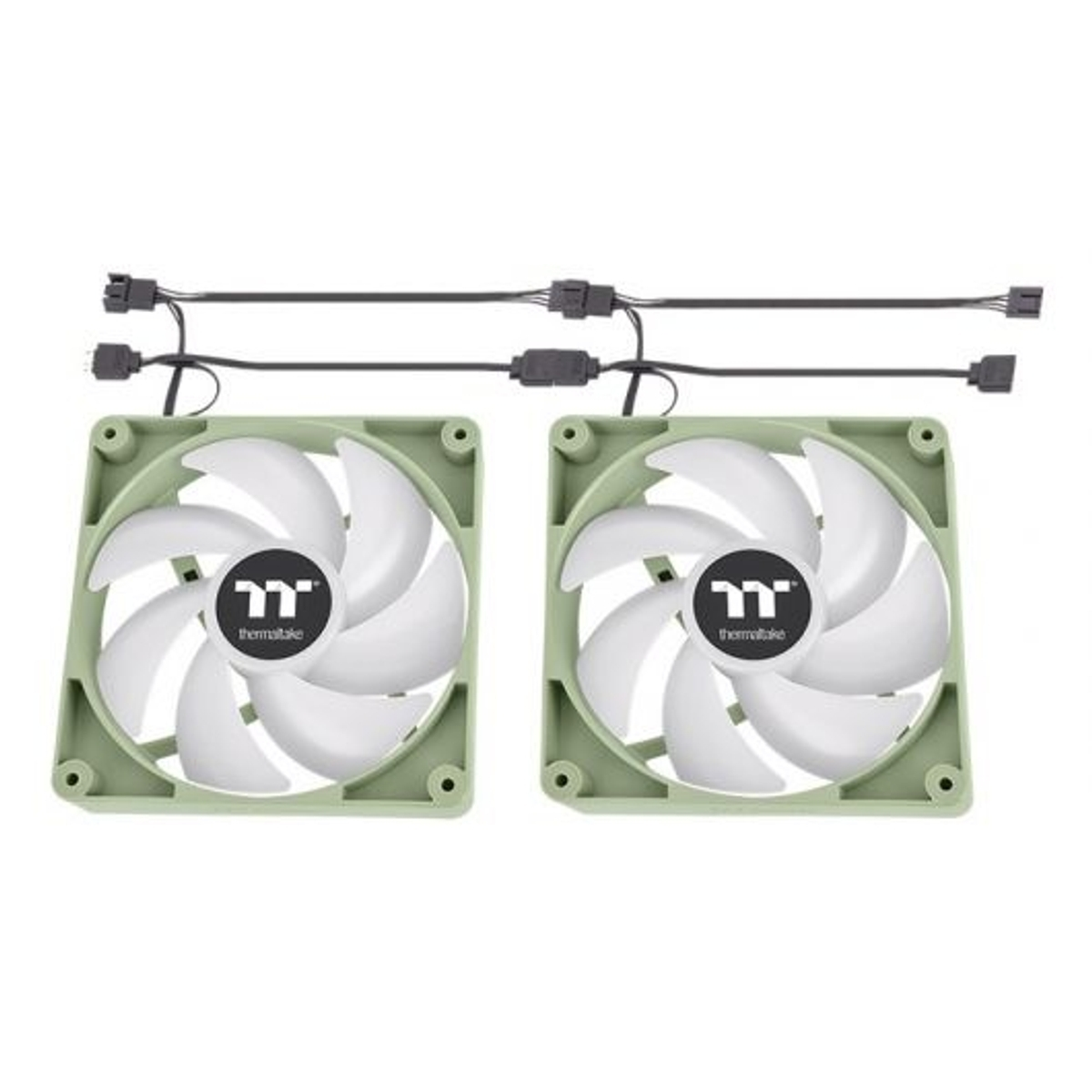 Dos ventiladores verdes de computadora con aspas blancas y cables.