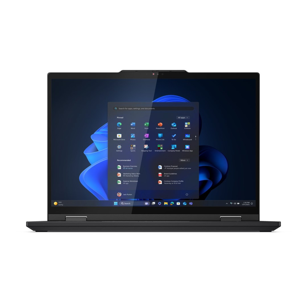Zamknięty laptop z menu systemu Windows 11 na ekranie.