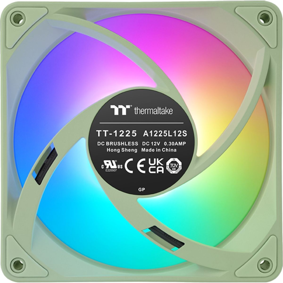 Ein grüner Computerlüfter mit RGB-Beleuchtung dreht sich.