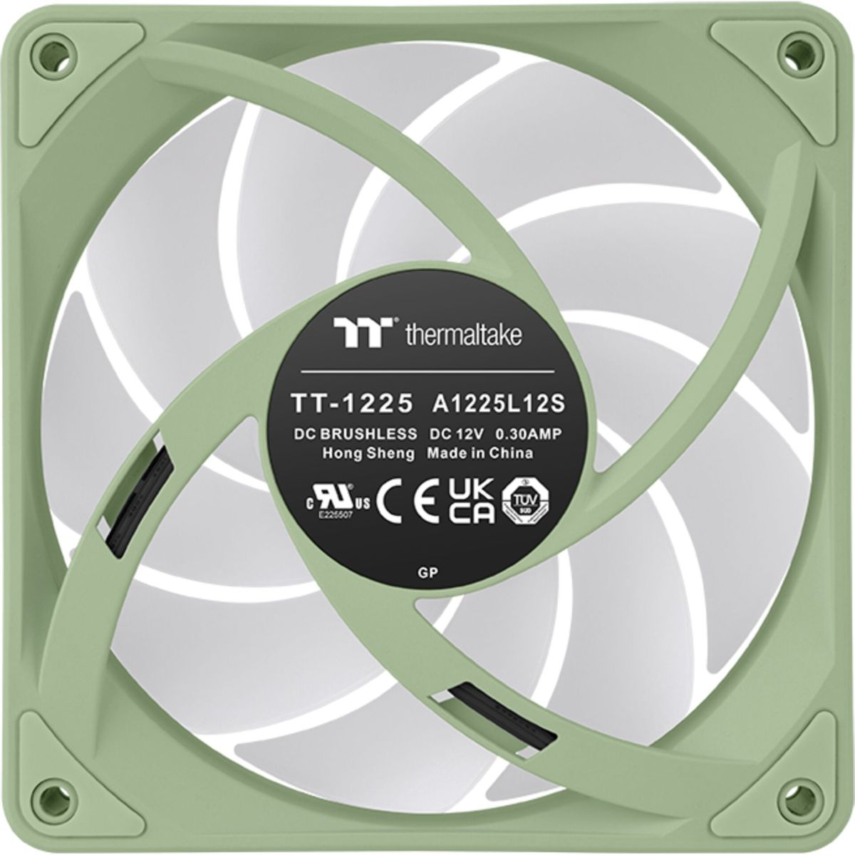 Ein grüner Thermaltake Lüfter mit weißen Rotorblättern und schwarzem Aufkleber.
