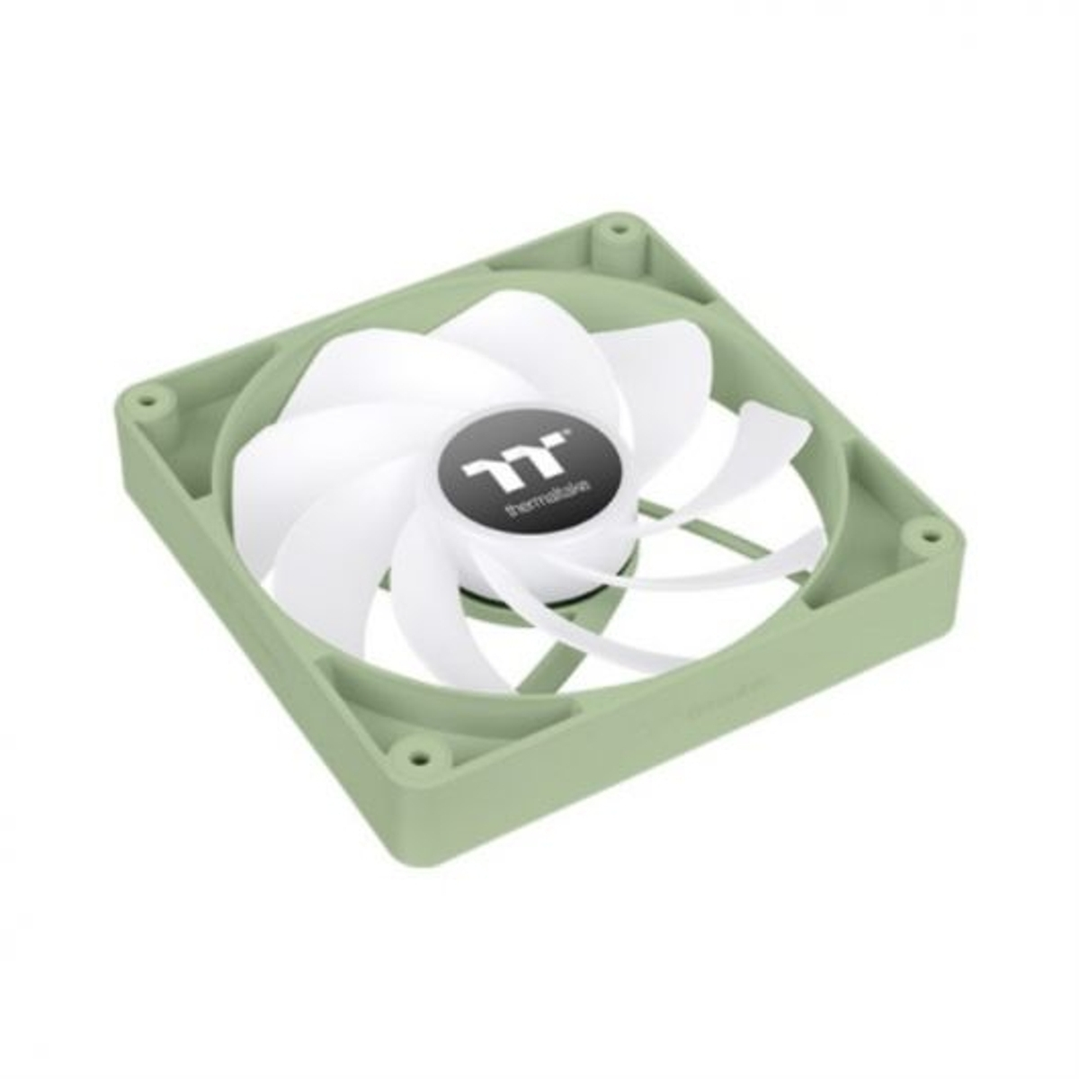 Un ventilador de PC verde claro con aspas blancas y logo negro de Thermaltake.