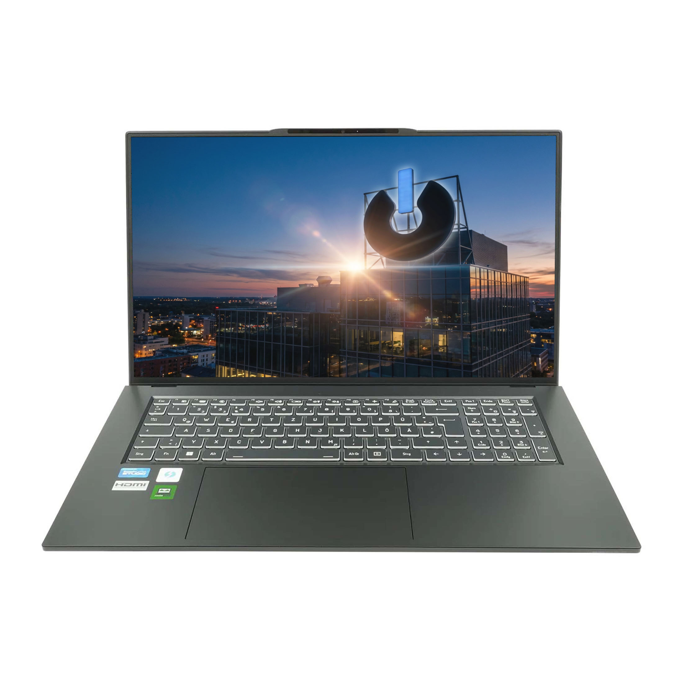 Ein Laptop zeigt eine Stadtsilhouette bei Sonnenuntergang mit einem Power-Symbol.