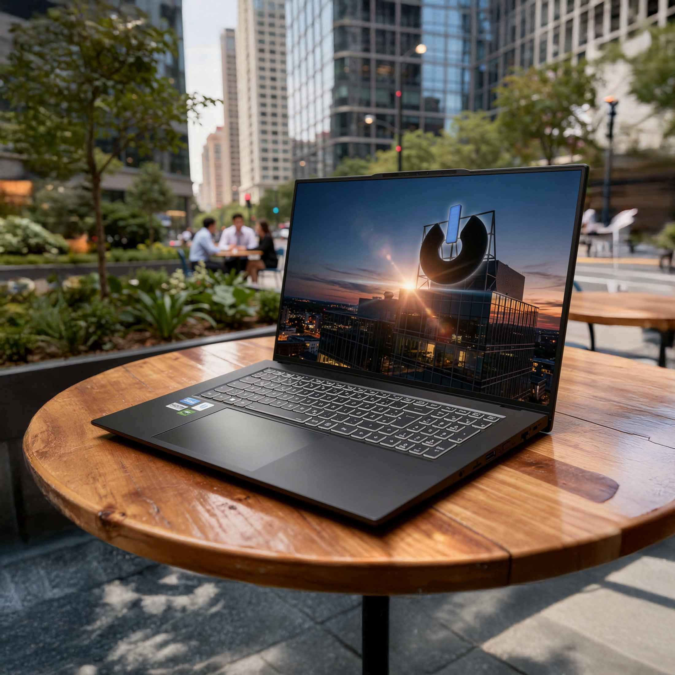 Ein offener Laptop steht auf einem Holztisch im Freien. Im Hintergrund sind Gebäude und Bäume.