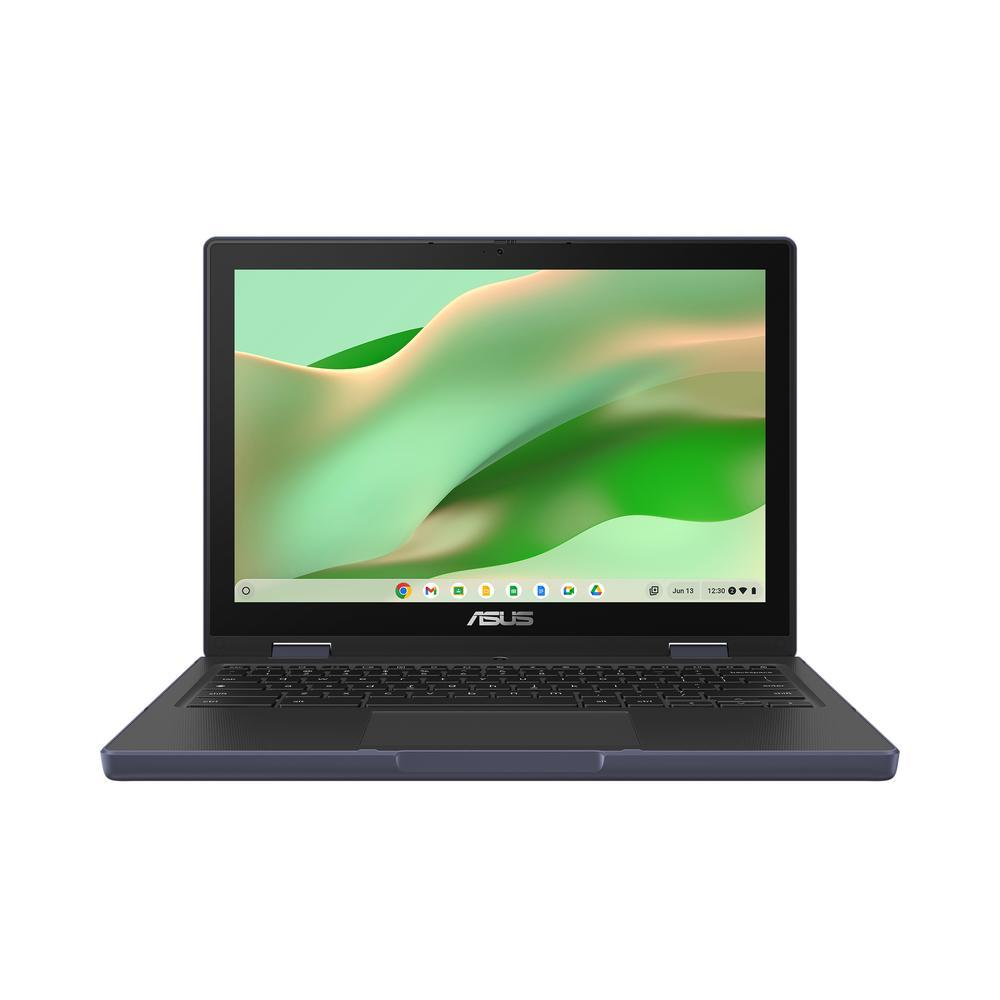 Un portátil ASUS azul oscuro cerrado con un fondo de pantalla verde y blanco en su pantalla.