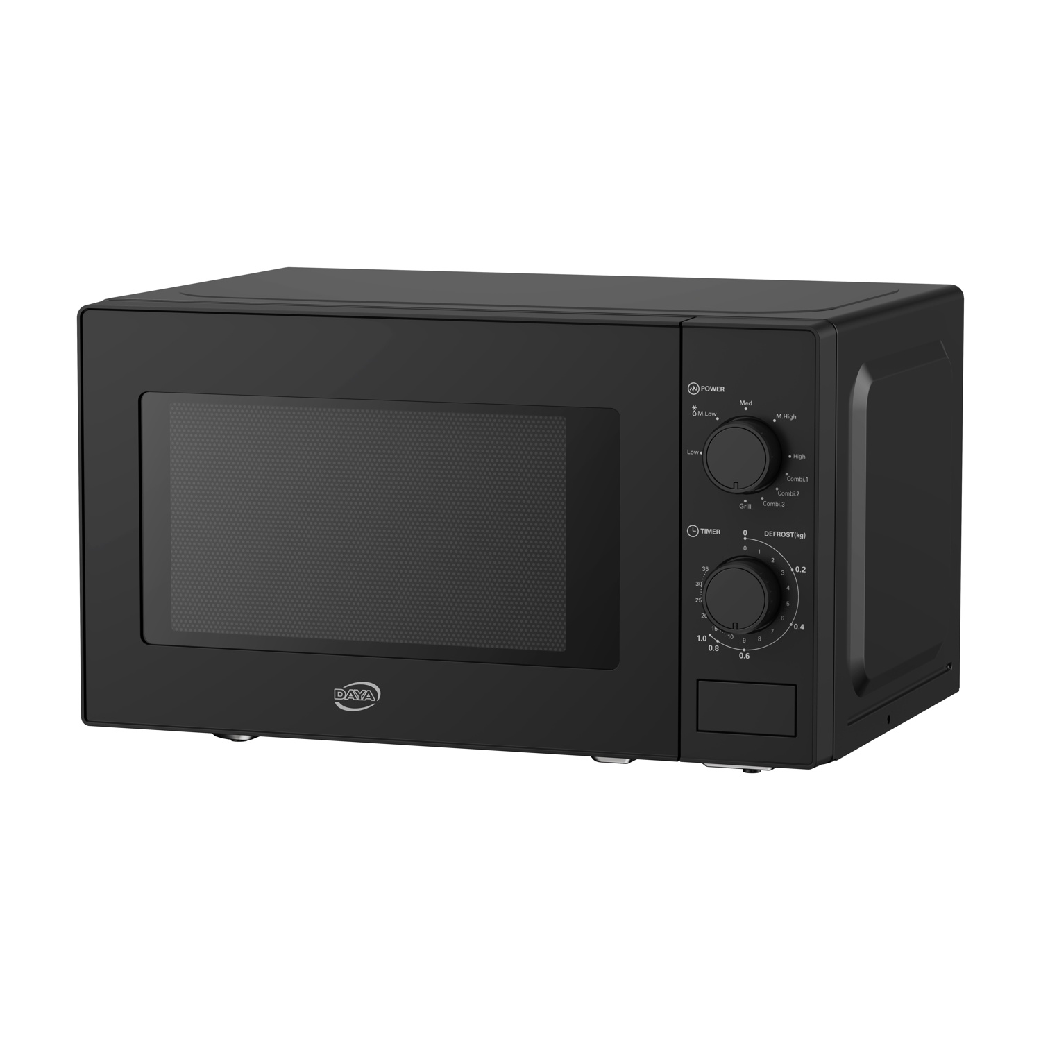 Un forno a microonde Daya nero con porta in vetro e manopole di controllo per potenza, timer e scongelamento.