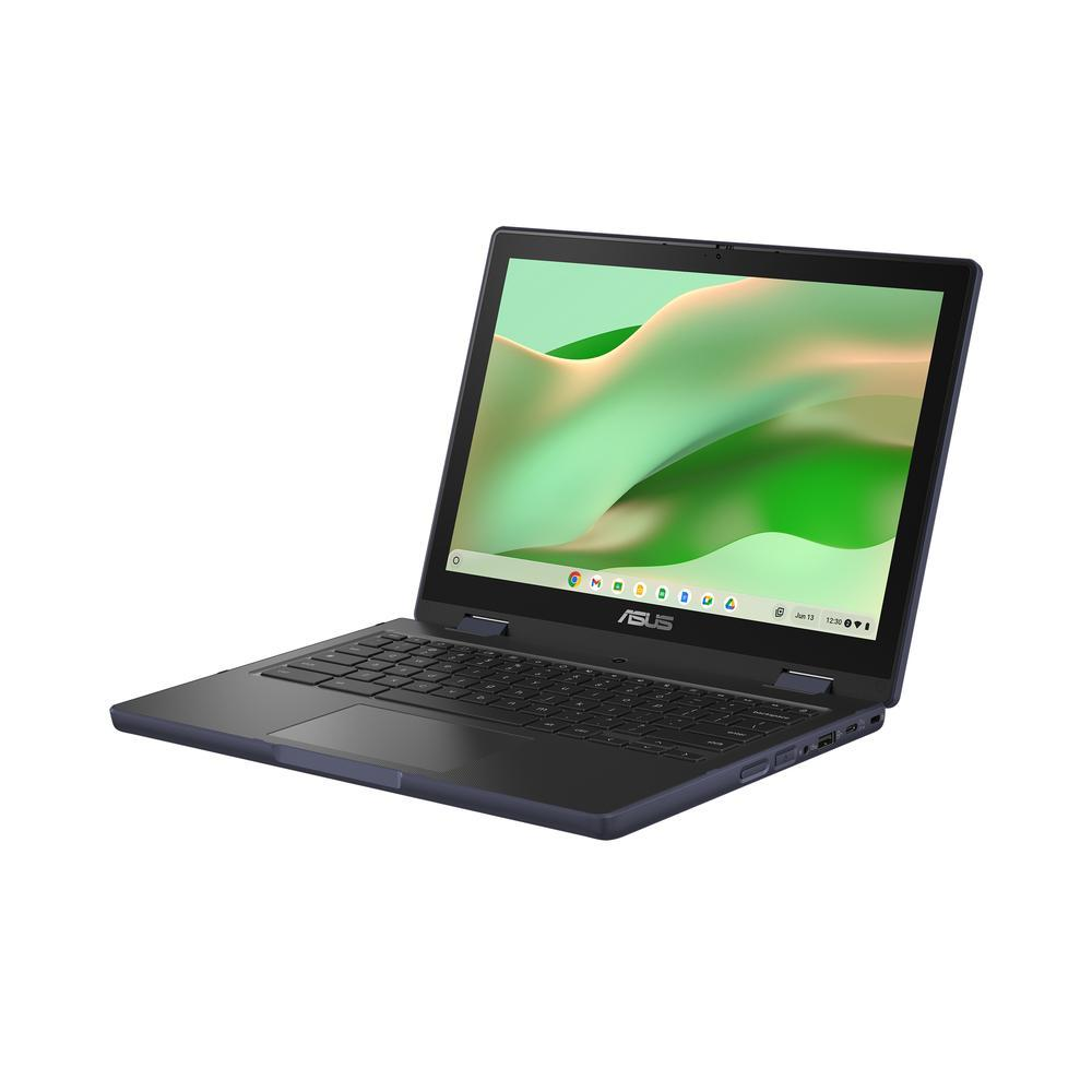 Un portátil Asus oscuro está abierto, mostrando la pantalla con un gráfico de fondo verde y blanco.