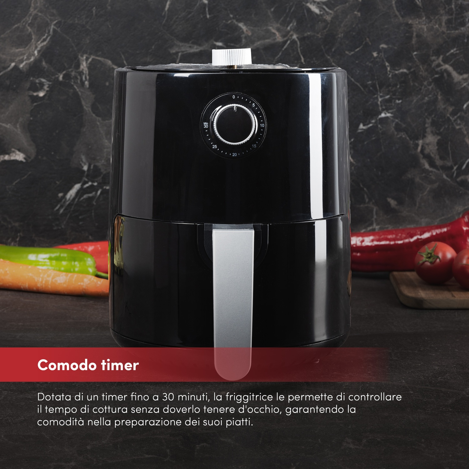 Friggitrice ad aria nera con timer e verdure sullo sfondo.
