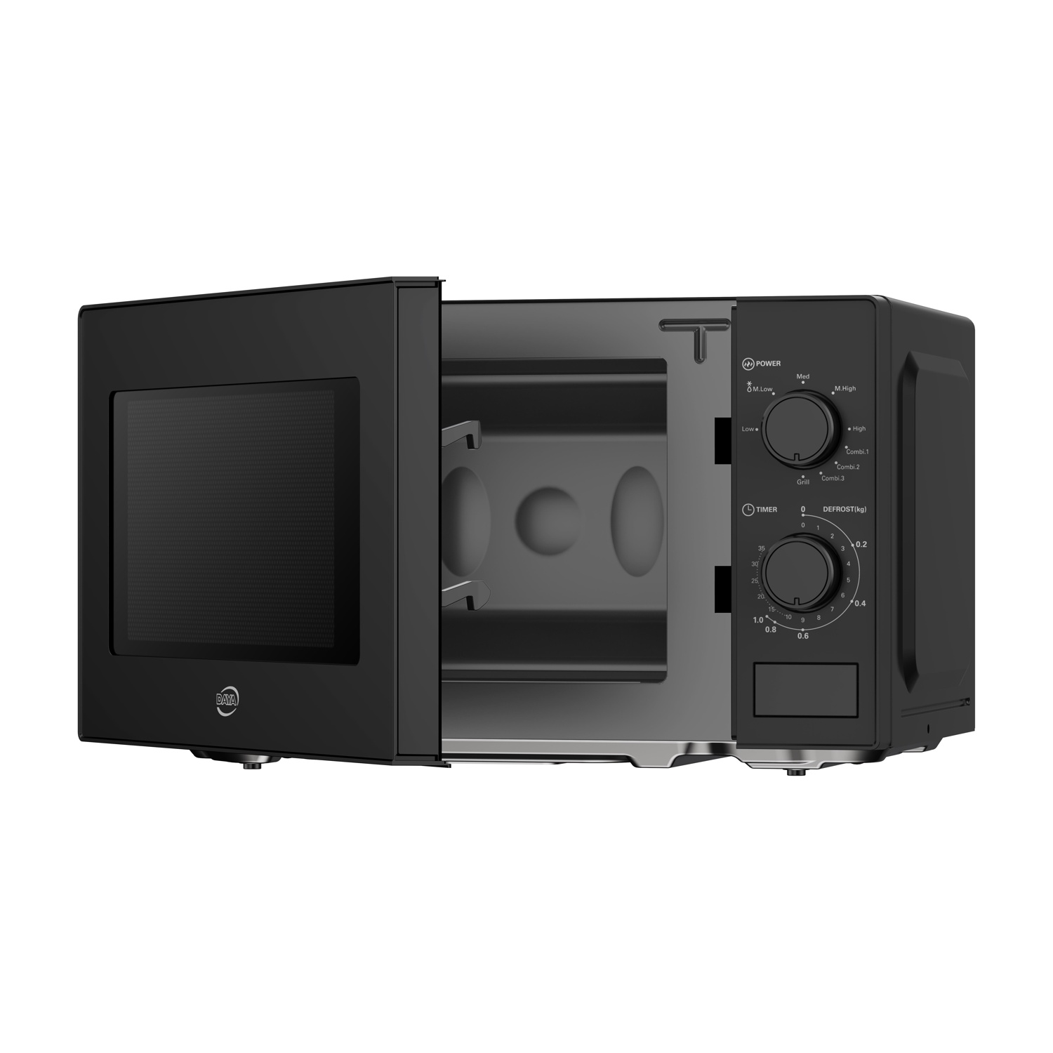 Forno a microonde nero con porta aperta, controlli e timer visibili.