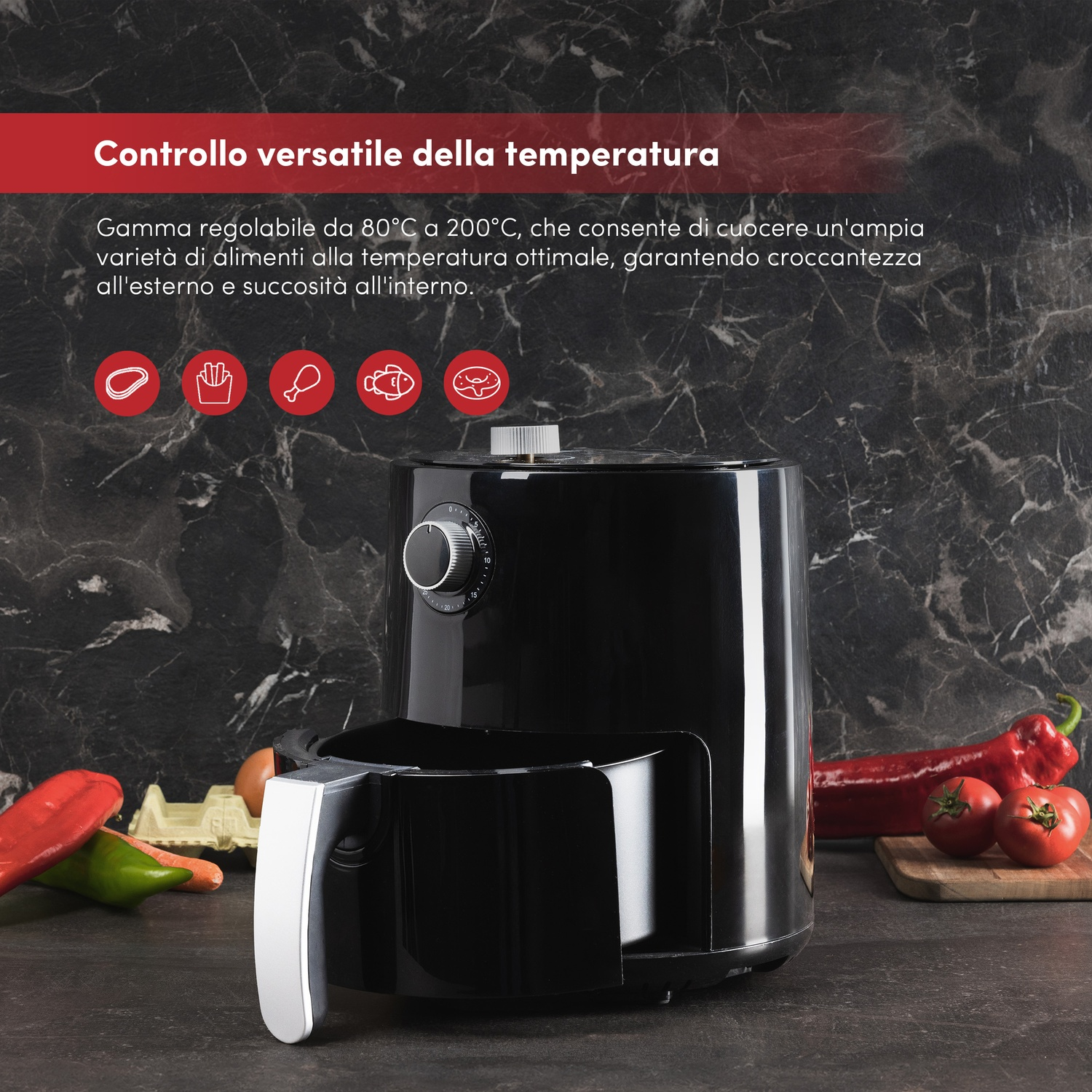 Friggitrice ad aria nera vicino a verdure e uova, con icone di cibo.