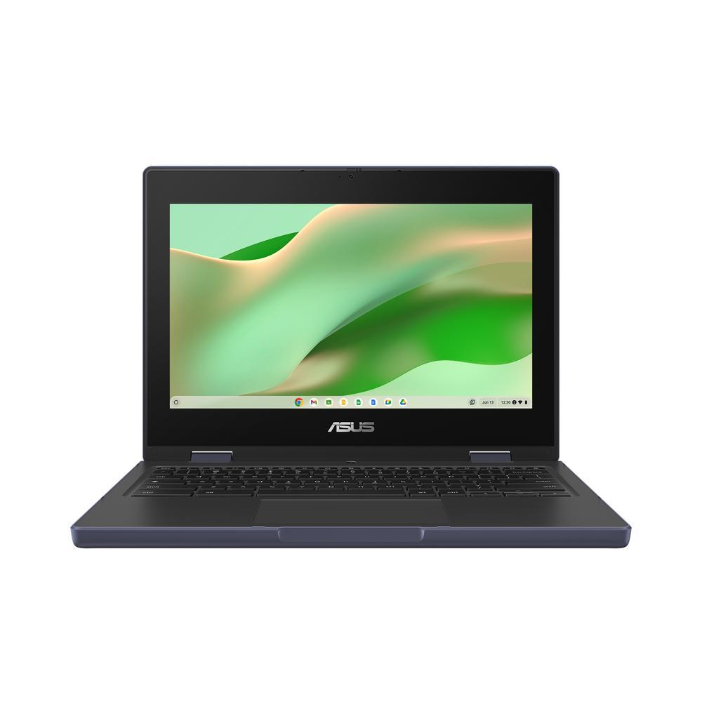 Un laptop Asus blu scuro chiuso con uno sfondo verde e bianco sullo schermo.