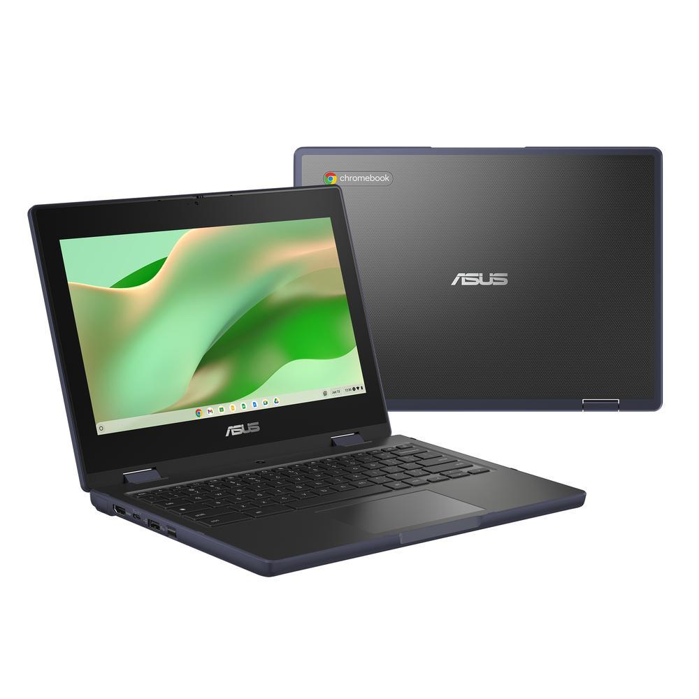 Un laptop Asus Chromebook blu scuro aperto con schermo illuminato.