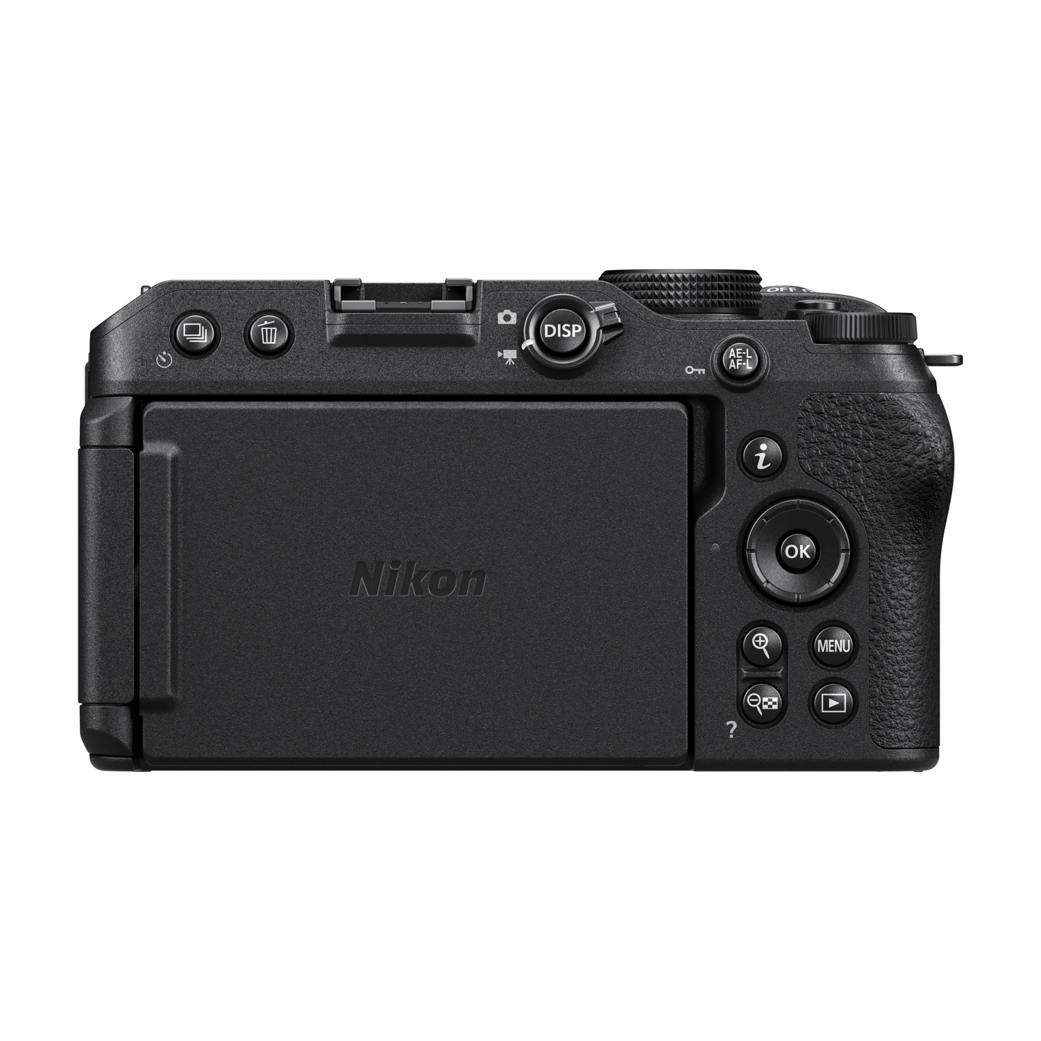 Vista posteriore di una fotocamera Nikon nera, con schermo e pulsanti.