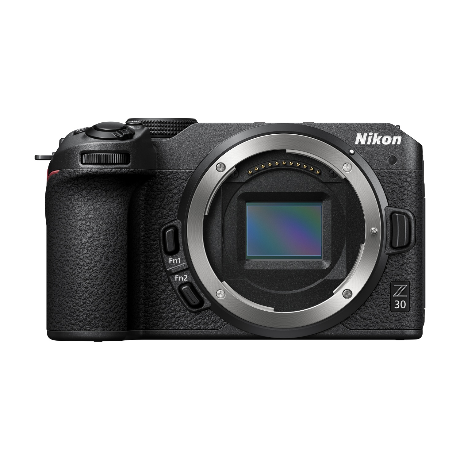 Una fotocamera Nikon Z 30 nera con attacco obiettivo argentato. Testo Nikon bianco.