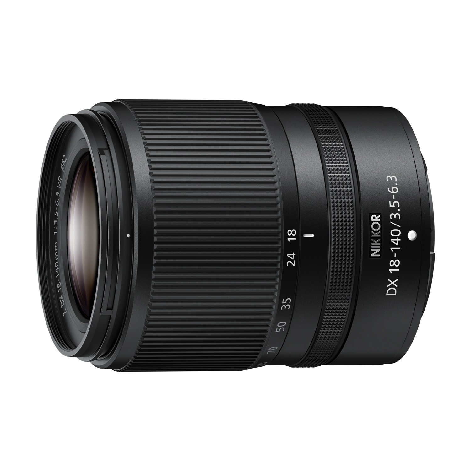 Un obiettivo NIKKOR DX 18-140mm nero con ghiera zoom e indicatori di messa a fuoco.