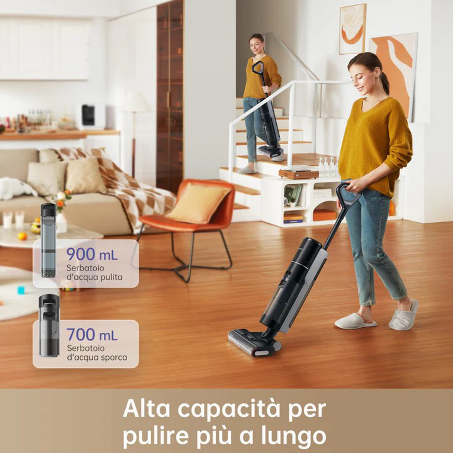 Donna aspira scale. Serbatoio acqua pulita 900ml, serbatoio acqua sporca 700ml.