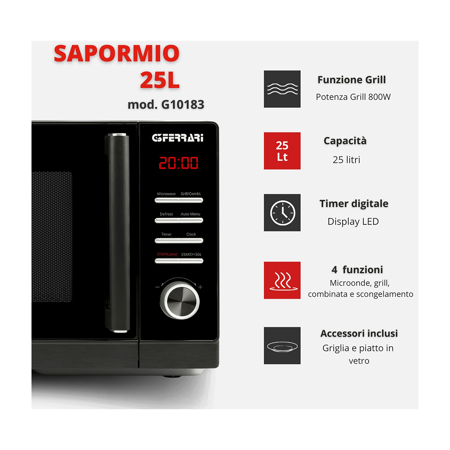Forno a microonde nero con display digitale, selettore e pulsanti.