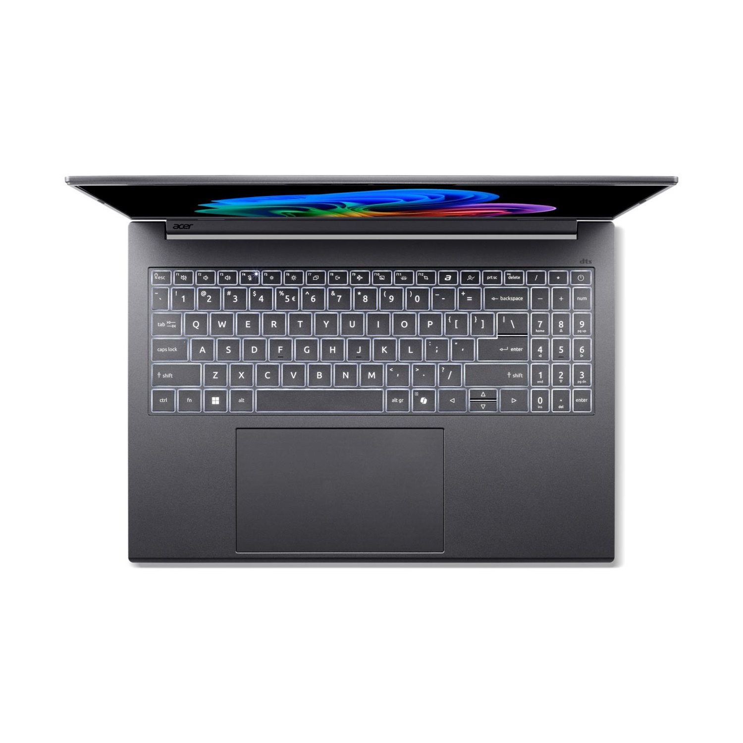 Un laptop grigio aperto con tastiera retroilluminata e display colorato.