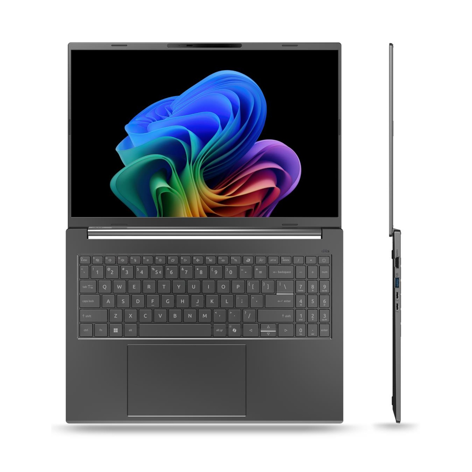Un laptop grigio chiuso con sfondo colorato. Vista laterale destra.