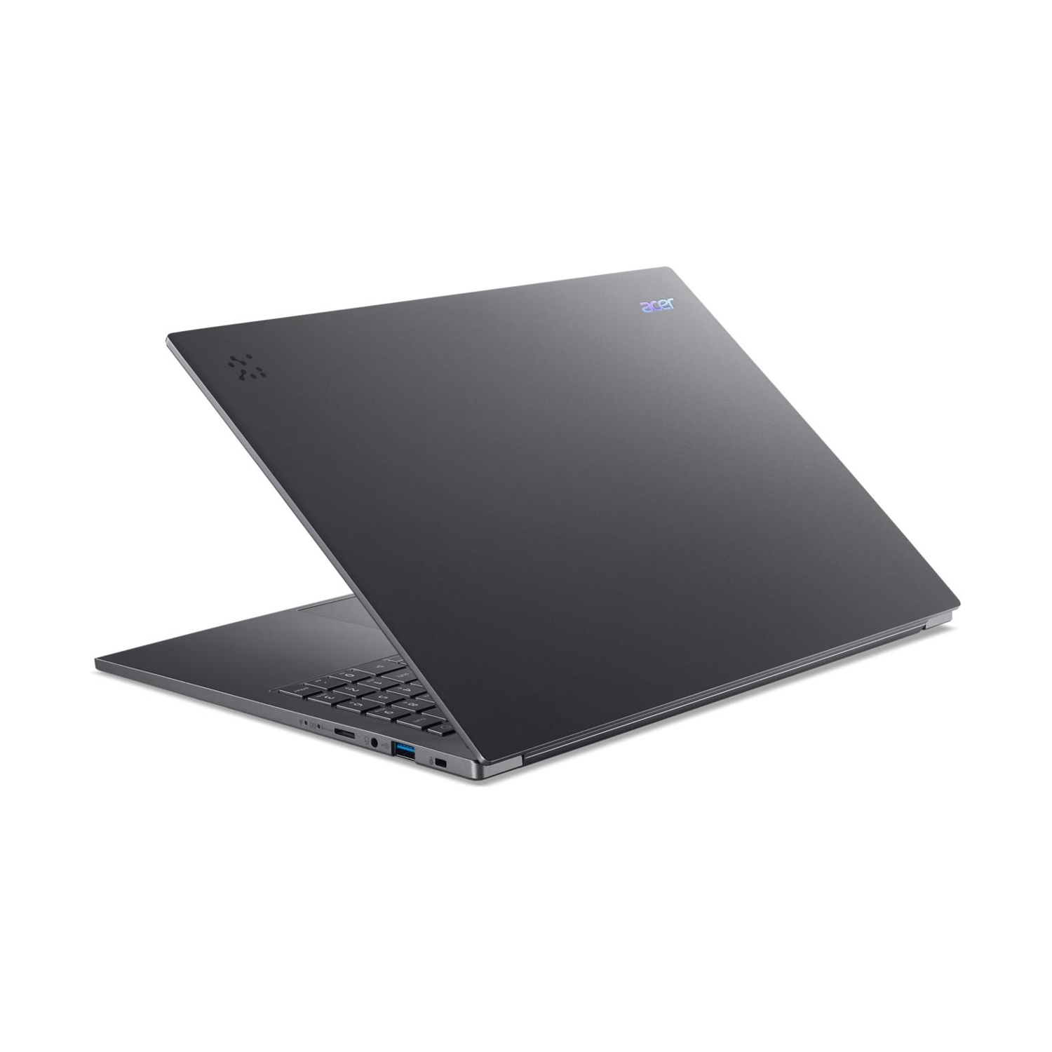 Un laptop chiuso e scuro con logo Acer sul coperchio, visto di lato.