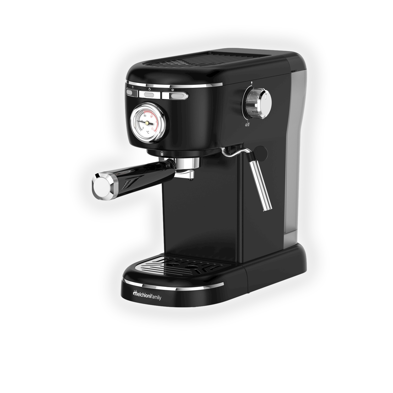 Schwarze Espressomaschine mit silbernen Akzenten und Manometer.