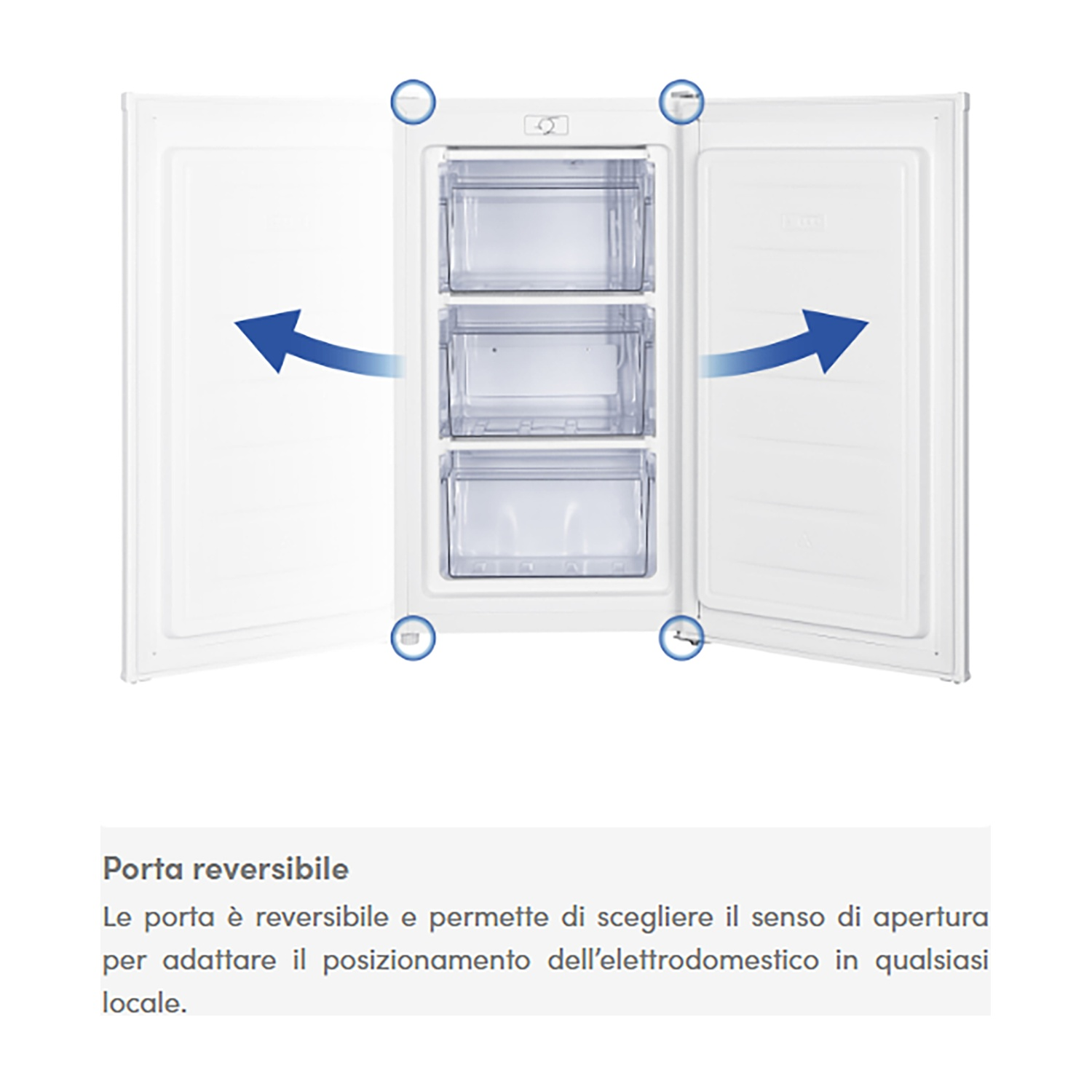 Frigorifero congelatore bianco con porte aperte e cassetti.