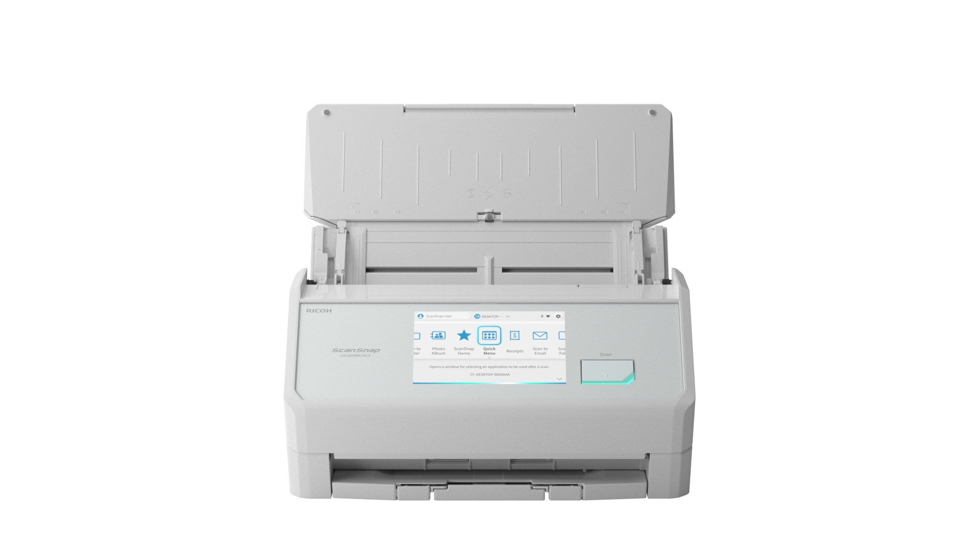 Een witte Ricoh ScanSnap documentenscanner met open deksel en touchscreen.
