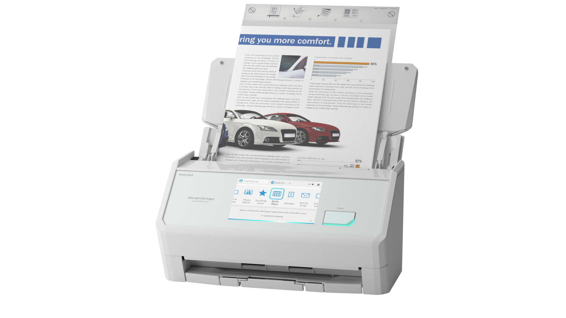 Een witte Ricoh ScanSnap scanner met een document met auto's erop.