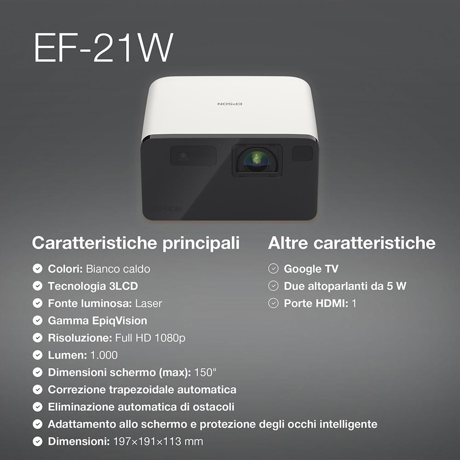 Epson EF-21W Projektor: Hauptmerkmale: Warmweiß, 3LCD, Laser, Full HD 1080p, 1000 Lumen.