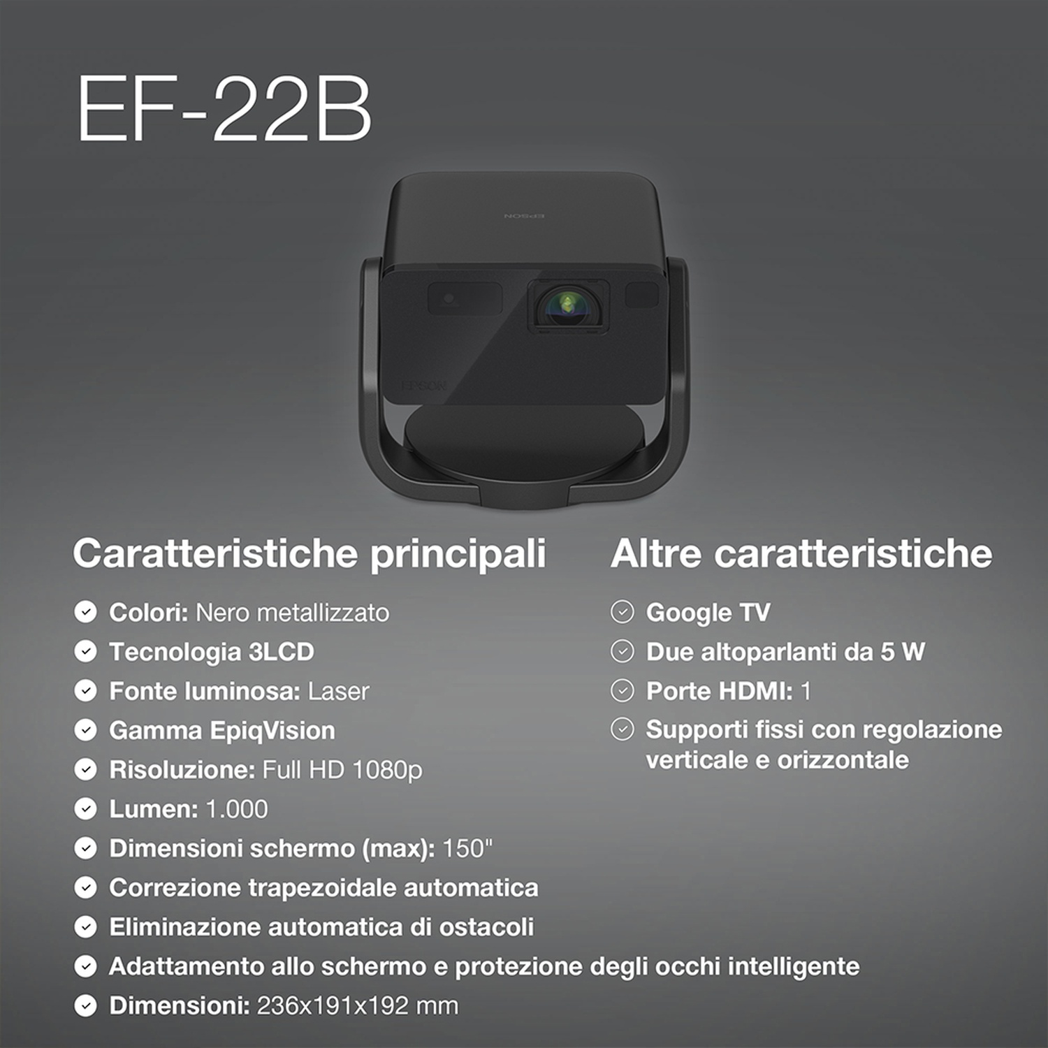 Ein schwarzer Epson EF-22B Projektor mit technischen Details.