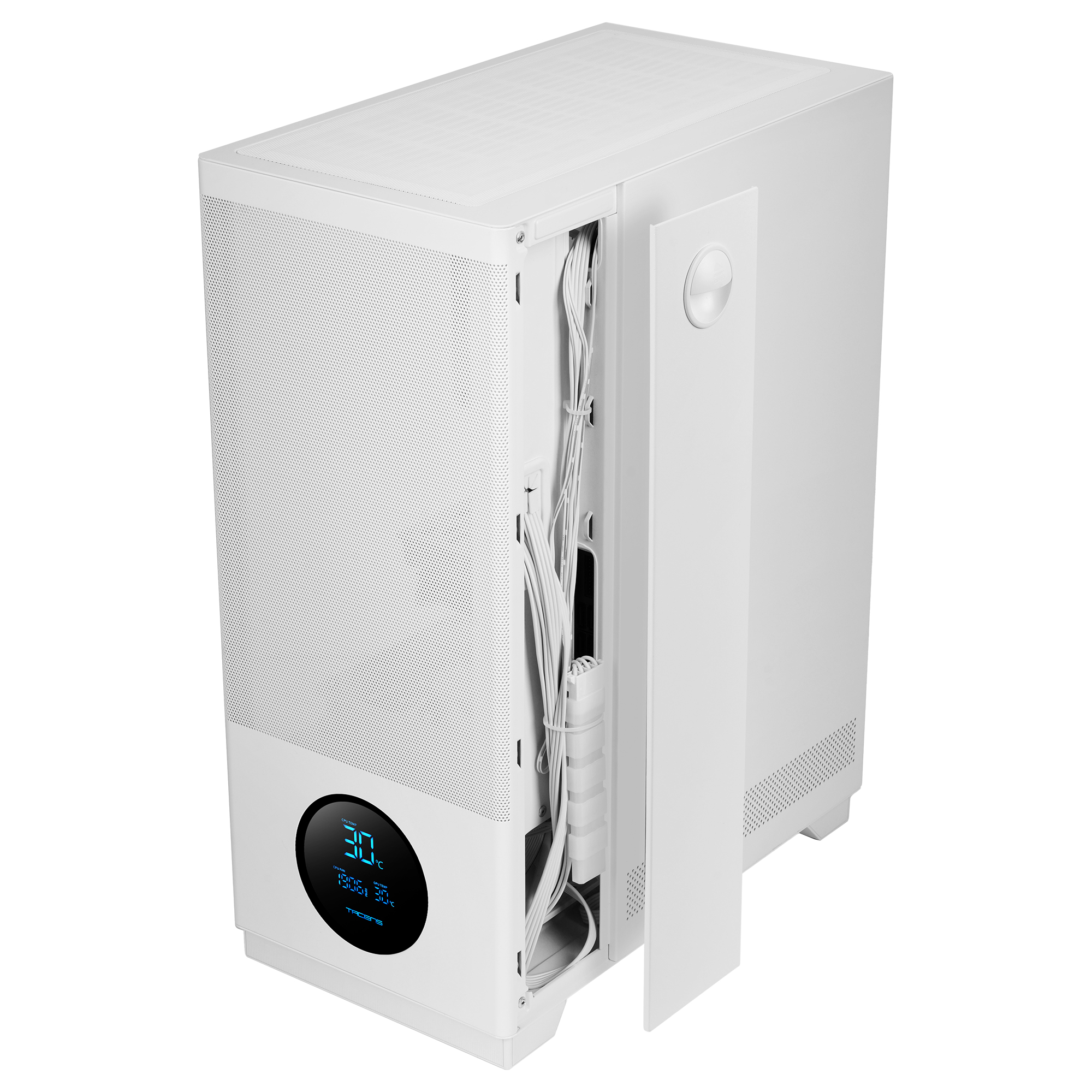 Case PC bianco con pannello laterale aperto, che rivela cavi.