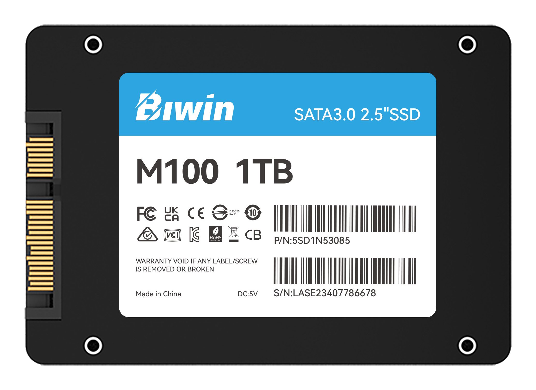 SSD Biwin M100 1TB con connessione SATA3.0, nero, con etichette.