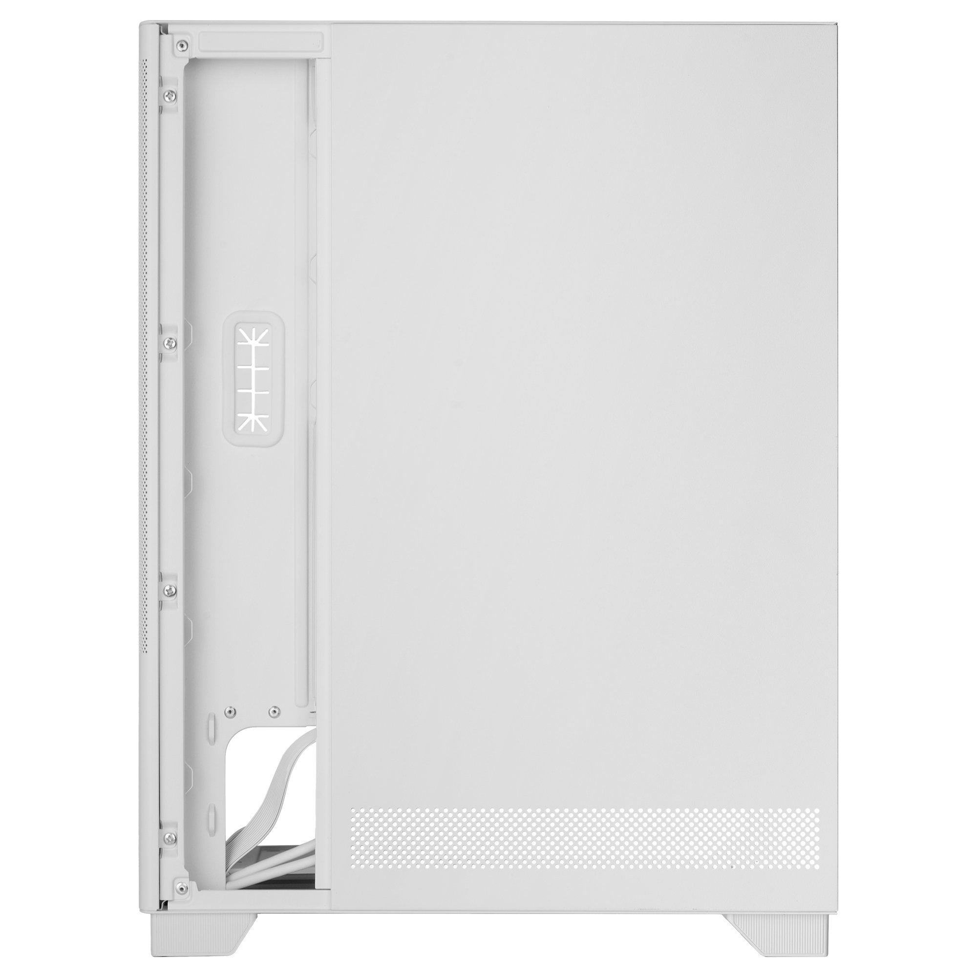 Un case PC bianco con prese d'aria e cavi.