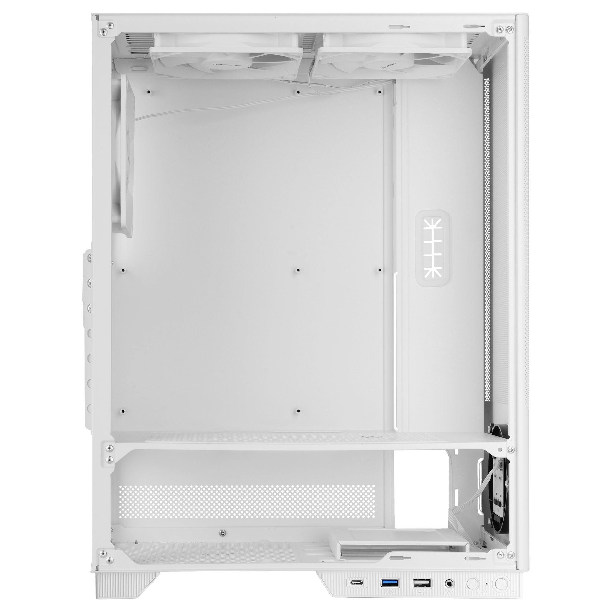Un case per PC bianco visto frontalmente, con ventole, ripiani e porte.