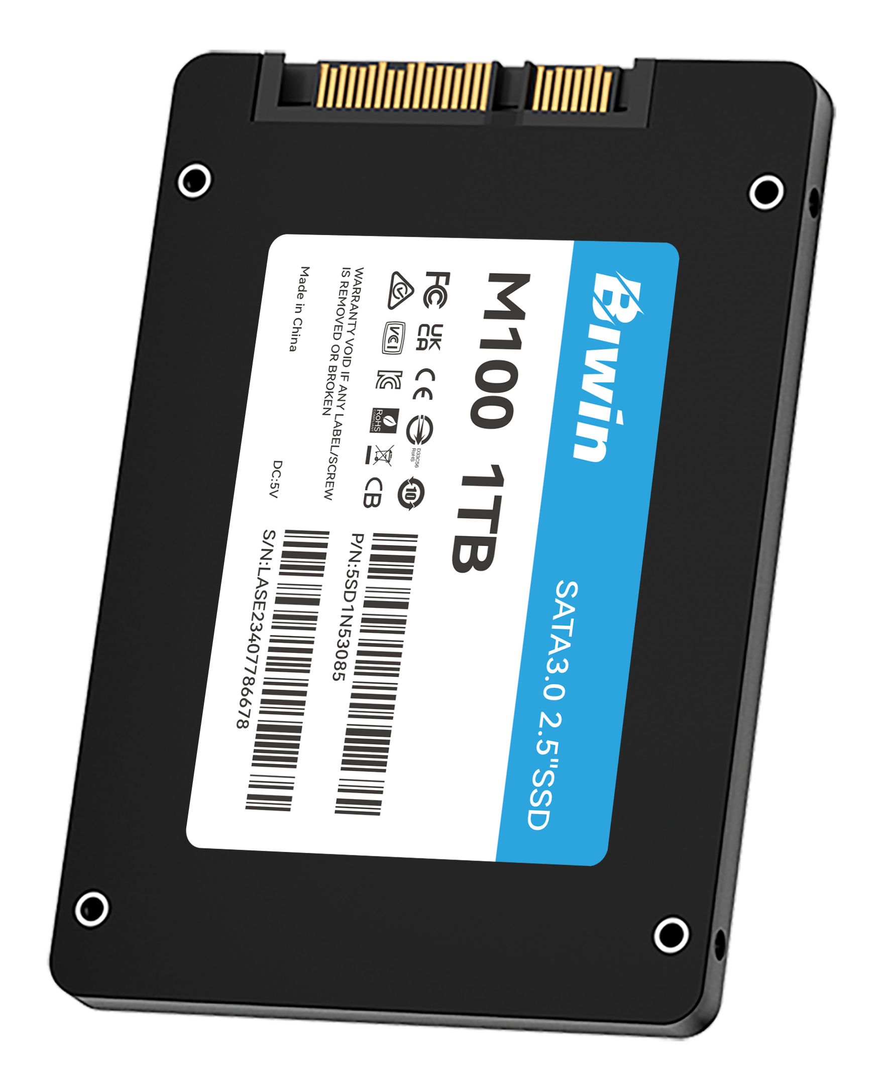 SSD nero da 2,5 pollici, 1TB, M100, SATA 3.0, con connettori in alto.