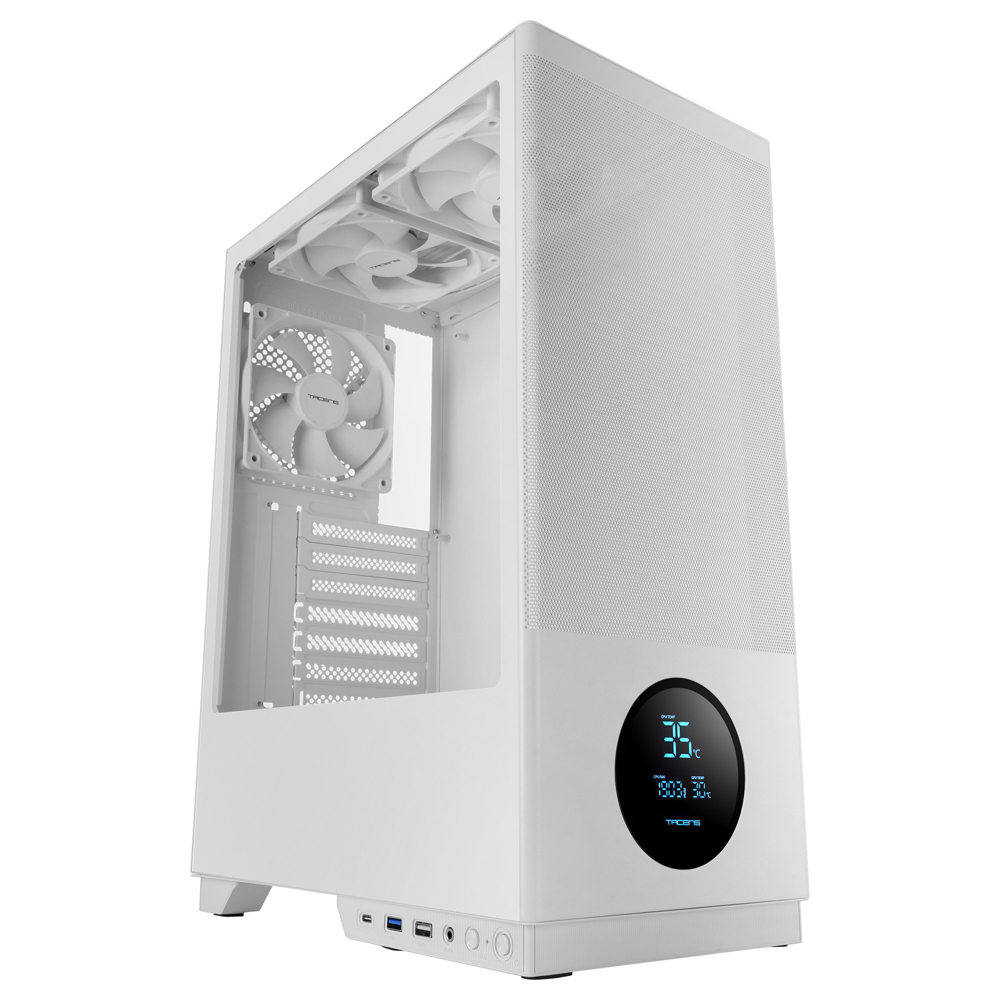 Case PC bianco con ventole, porte e schermo digitale.