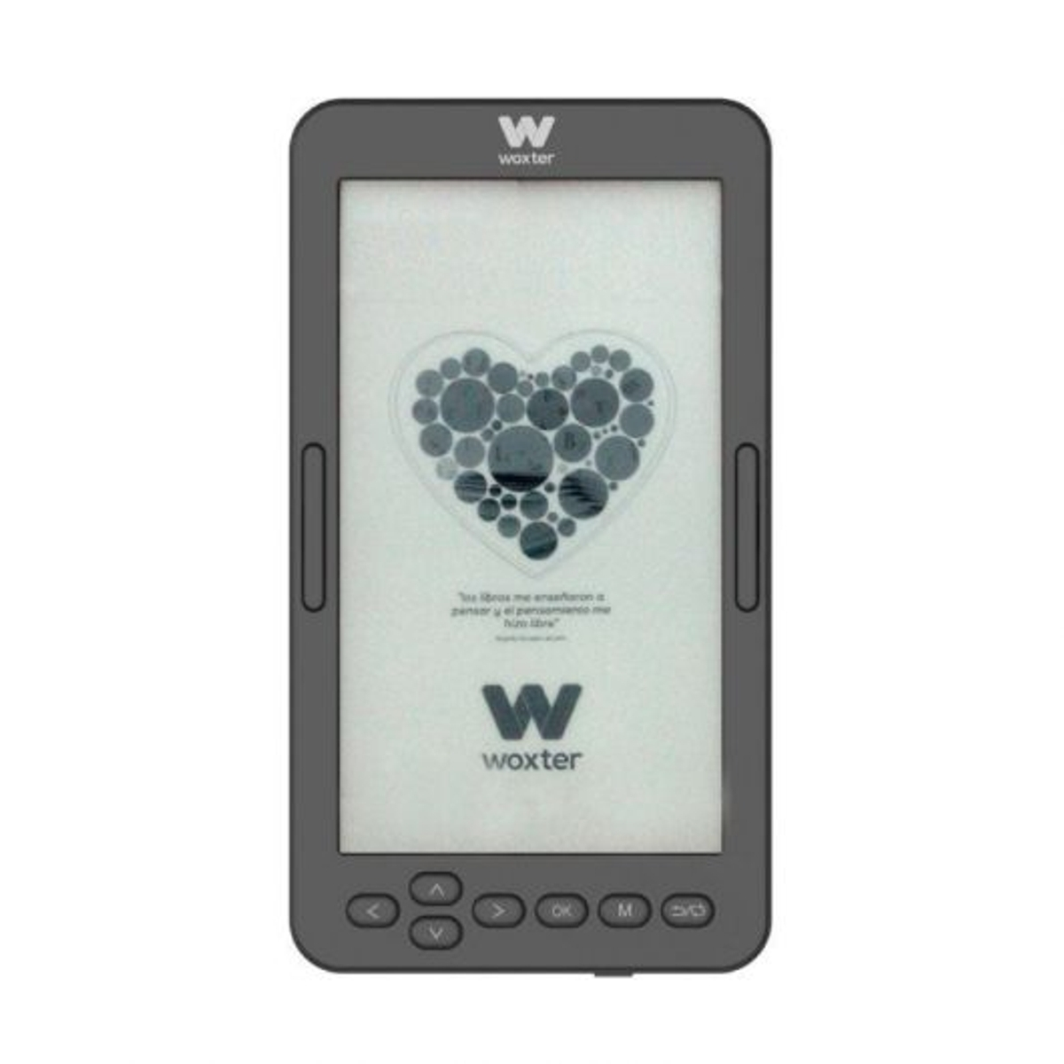 Un e-reader gris que muestra un ícono de corazón y el logo de Woxter.