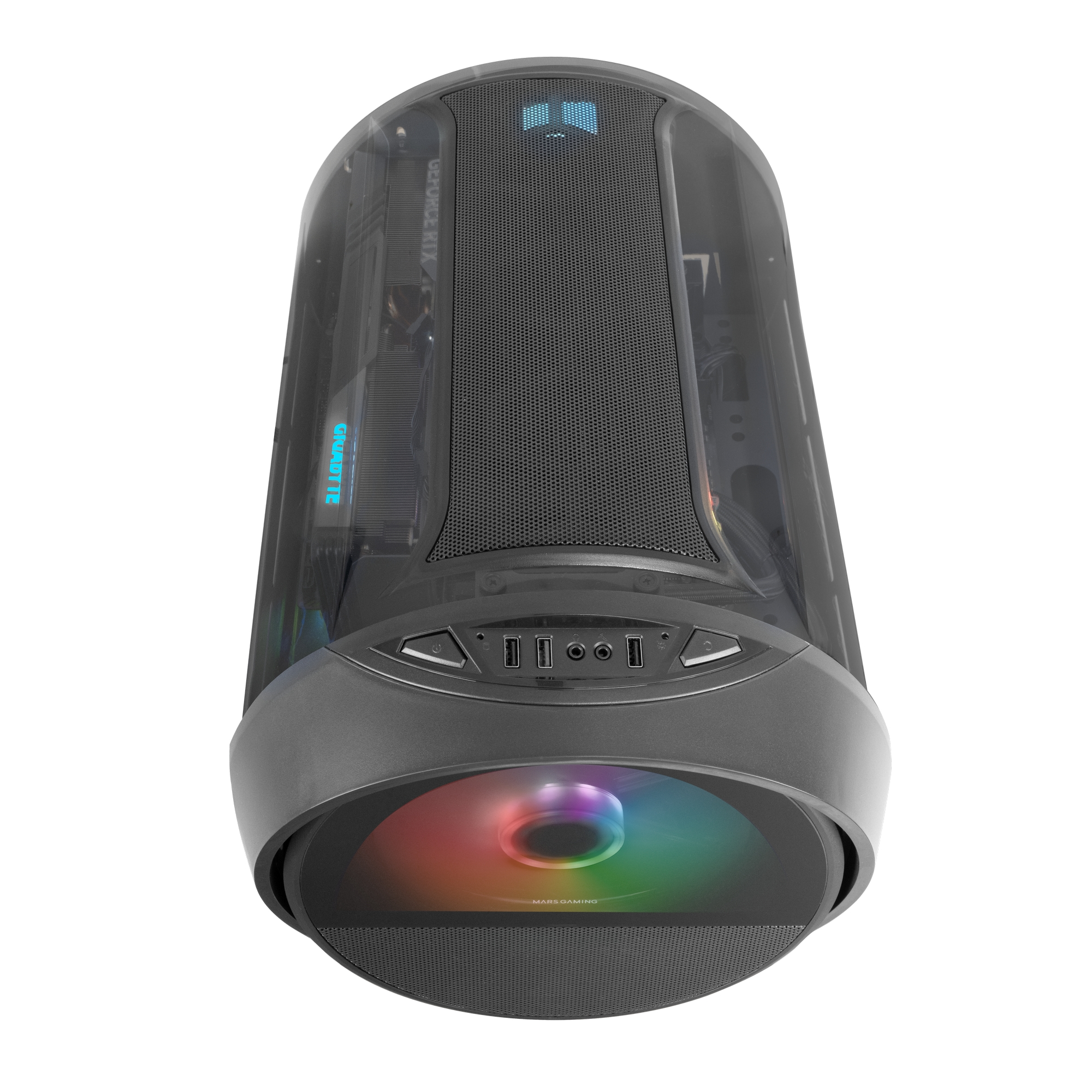 Tower PC trasparente con ventola RGB e componenti interni visibili.