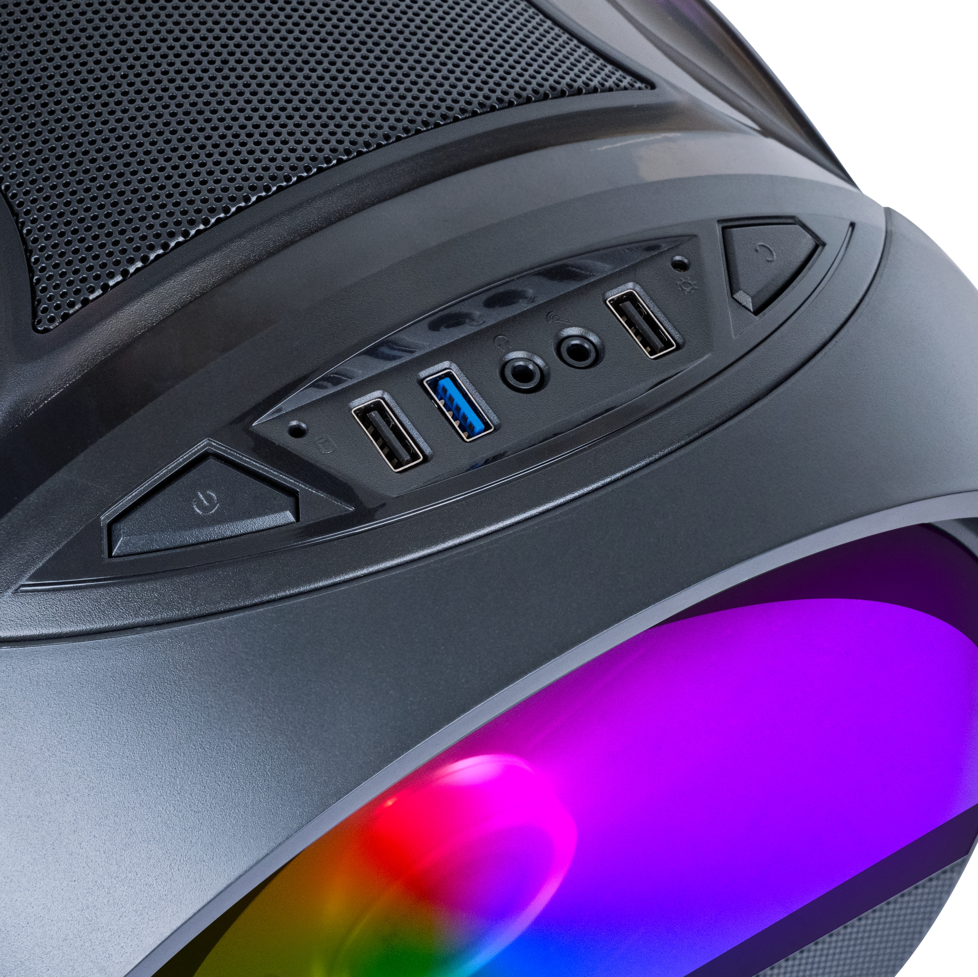 Sezione di case per computer nero con porte USB, pulsanti e illuminazione RGB colorata.