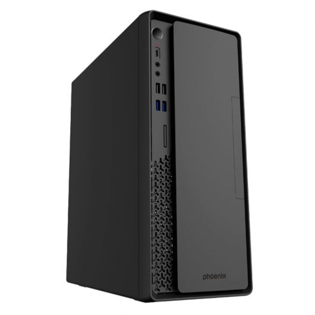 Un case da computer desktop nero con logo Phoenix. Porte USB a sinistra.